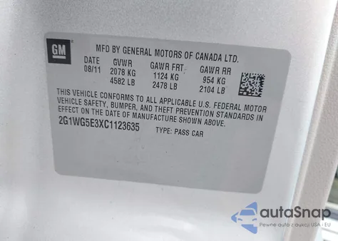 2012 Chevrolet Impala Lt from USA, damaged, VIN 2G1WG5E3XC1123635